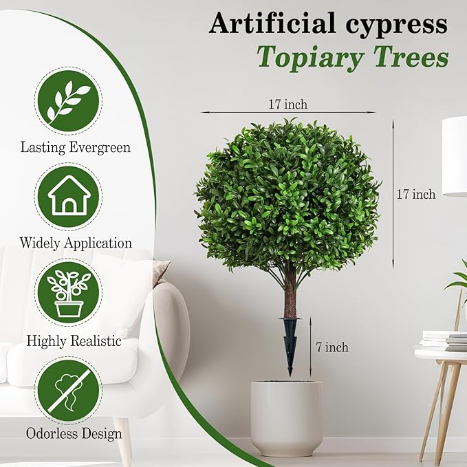 Artificial Olive Leaf Boxwood Topiary Ball Trees, Set of 2 UV Resistant 16in Outdoor Plants – Artificial Bonsai, Miniature Trees, Garden, Curb Appeal
