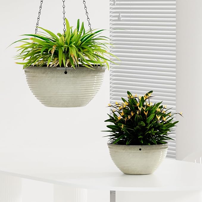 2 Pack Hanging Planters for Indoor Outdoor Plants, 10 Inch Hanging Planter with Drainage Hole & Plug Glazed Hanging Baskets Flower Pots for Garden Home (Off-White)