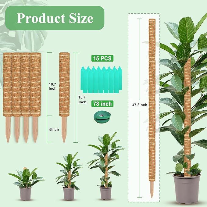 Moss Pole, 4 Pack 15Inch Monstera Plant Support Stackable Moss Poles for Plants, Moss Sticks with 15pcs Labels and 78in Garden Ties,Monstera Plant Stake for Climbing Plants,Can Stacked Up to 42”