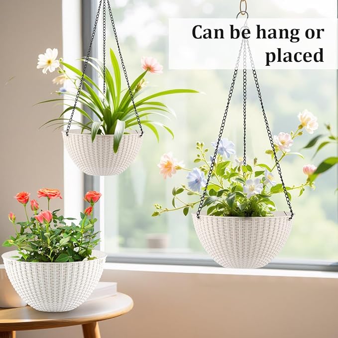 Hanging Planters for Indoor Outdoor Plants 8/10 Inch, 4 Packs Plant Hanger with Drainage Holes, Hanging Basket Flower Pot Perfect for Home, Office and Garden,White