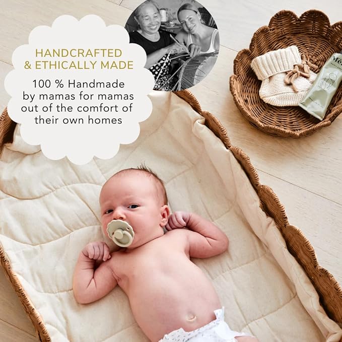 BEBE BASK Premium Baby Changing Basket - Artisan-Crafted Scalloped Rattan - Changing Basket for Baby Dresser - All Accessories Included - Complete Set for Nursery (Mocca)