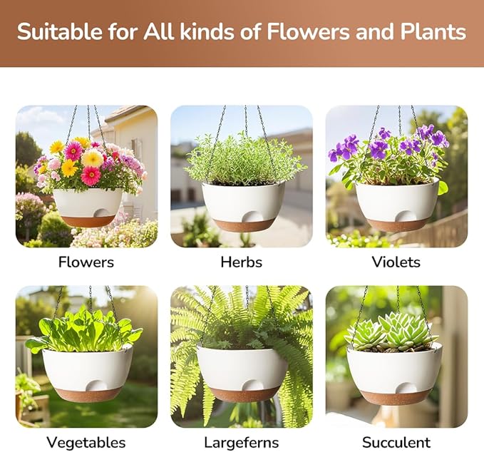 12 Inch Hanging Baskets for Plants Outdoor, Hanging Planters for Indoor Outdoor Plants, Hanging Planter with Self Watering, Hanging Flower Pots (White)