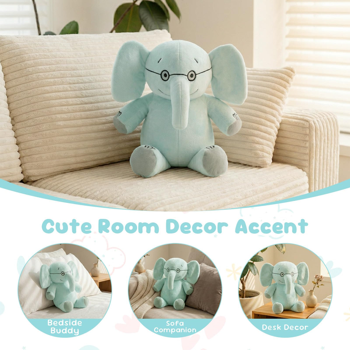 NUWDYSNN Blue Elephant and Pink Little Pig Plush Toy Reading Companions, Filled Animal Plush Toys Suitable as Children's and Home Decorations (Blue Elephant, 13inches)