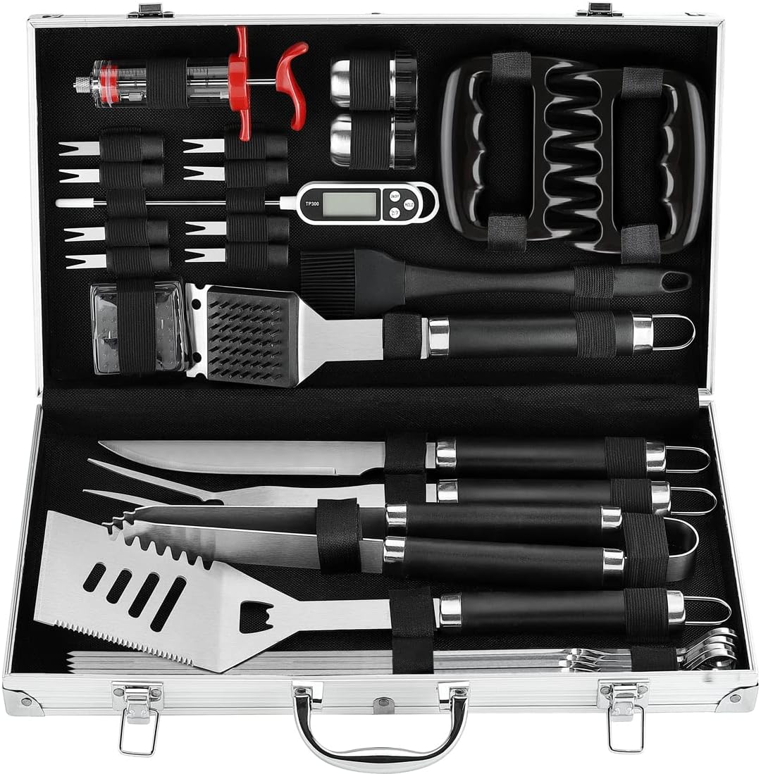 POLIGO 26PC Exclusive BBQ Grill Accessories in Aluminum Case for Birthday Christmas Grilling Gifts - Premium Grill Utensils Set with Barbecue Claws, Meat Injector, Thermometer for Smoker, Camping BBQ