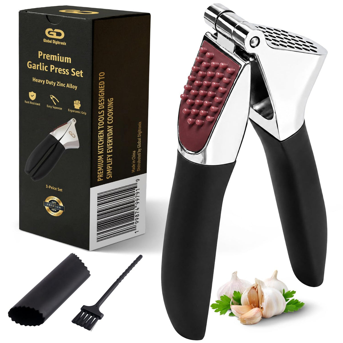 Garlic Press Set – Heavy Duty Garlic Crusher & Mincer | No Peel Required | Easy Squeeze & Clean | Ergonomic Handle | Ginger Press – Silicone Peeler & Cleaning Brush | Large Chamber Kitchen Tool