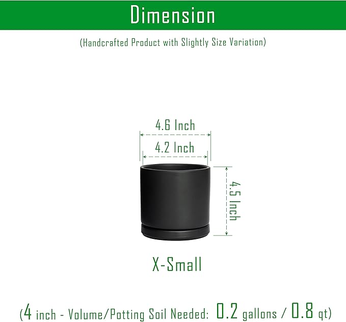 D'vine Dev Ceramic Planter Pot with Drainage Hole and Saucer, Indoor Cylinder Round Flower Pot, 4.6 Inch, Black, 94-O-B-2