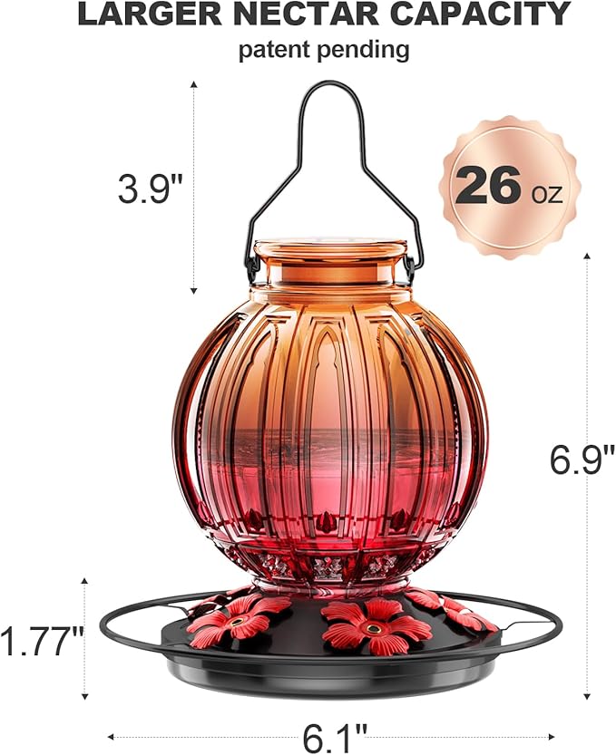 Glass Hummingbird Feeder for Outdoors Hanging, 26Oz Bird Nectar Feeder with Perch & 5 Flower Feeding Ports, Leak Proof for Outside Garden Decor Backyard, Gifts for Women Mom, Clear & Red