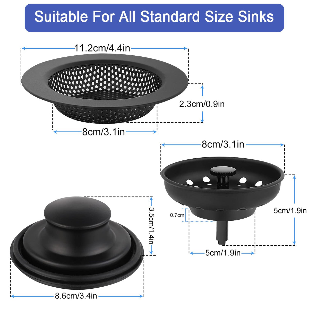 Kitchen Sink Drain Strainer 3 Pack Stainless Steel Sink Stopper, Anti-Clogging Kitchen Sink Drain Basket for Kitchen Sink Strainer Replacement Set (Black, 3 Pack)