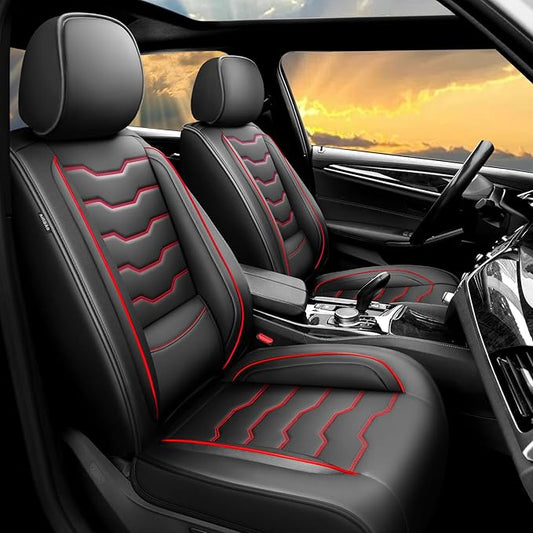 Fit Leaf Car Seat Covers Compatible with Nissan Leaf 2012-2025 2026 - Full Set Premium Leather， Waterproof Breathable， All-Weather Seat Cushion Protecto&Airbag Compatible（Red Line Black