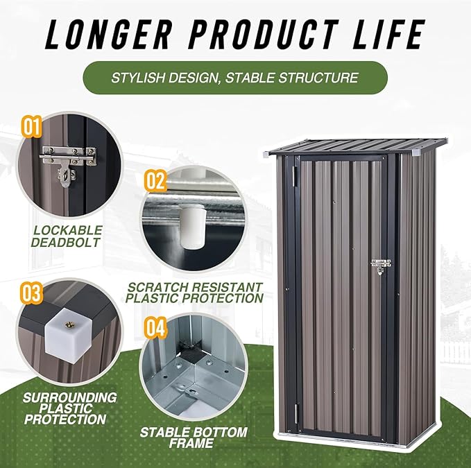 Aoxun 3’x2.1’ Outdoor Metal Storage Shed with Lockable Doors, Steel Utility Tool Shed, Metal Sheds Outdoor Storage for Garden, Patio, Backyard and Lawn, Brown