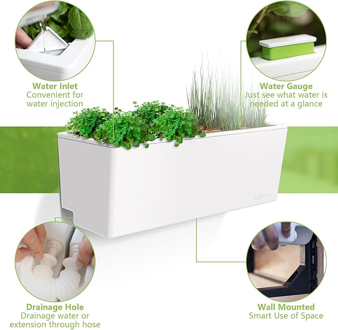 Glowpear Self Watering Planter Box - 23.6", White - UV Stable, Scalable Wall Mounts Plant Pot with Water Gauge, Indoor Outdoor for Vegetables, Flowers, Herbs, and Succulents, Gardening