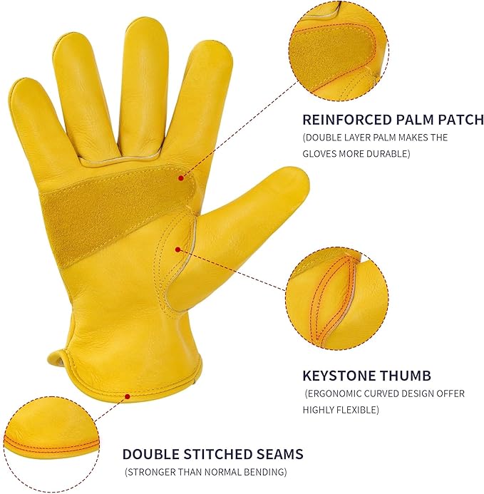 DULFINE Leather Work Gloves for Men & Women, Reinforced Durable Gardening Gloves,Cowhide Work Gloves,Puncture & Cut Resistant