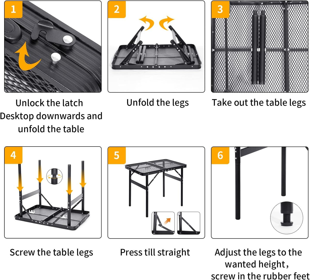 Grill Table Small Folding Table 2FT Foldable Camping Table Picnic Portable Mesh 2 Height Adjustable Outdoor Beach BBQ Black 23.6×15.7× 9.4/20.4inch