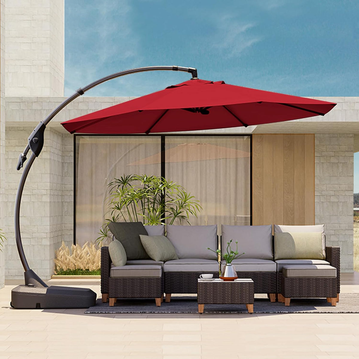 Grand patio 12FT Outdoor Cantilever Umbrella Large Round Aluminum Offset Umbrella with Base for Garden Deck Patio (Red, 12 FT)