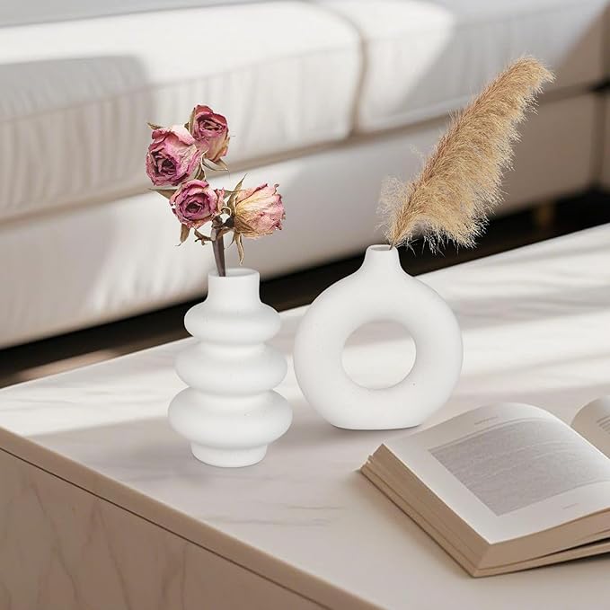Ceramic Vase Set of 3, Small Flower Vase for Home Decor, Decorative Vases for Pampas Grass & Dried Flowers, Living Room, Bedroom, Bathroom, Shelf Centerpiece Table Decorations