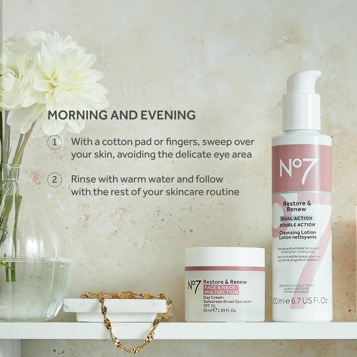 No7 Restore & Renew Dual Action Cleansing Lotion, 6.7 Fl oz