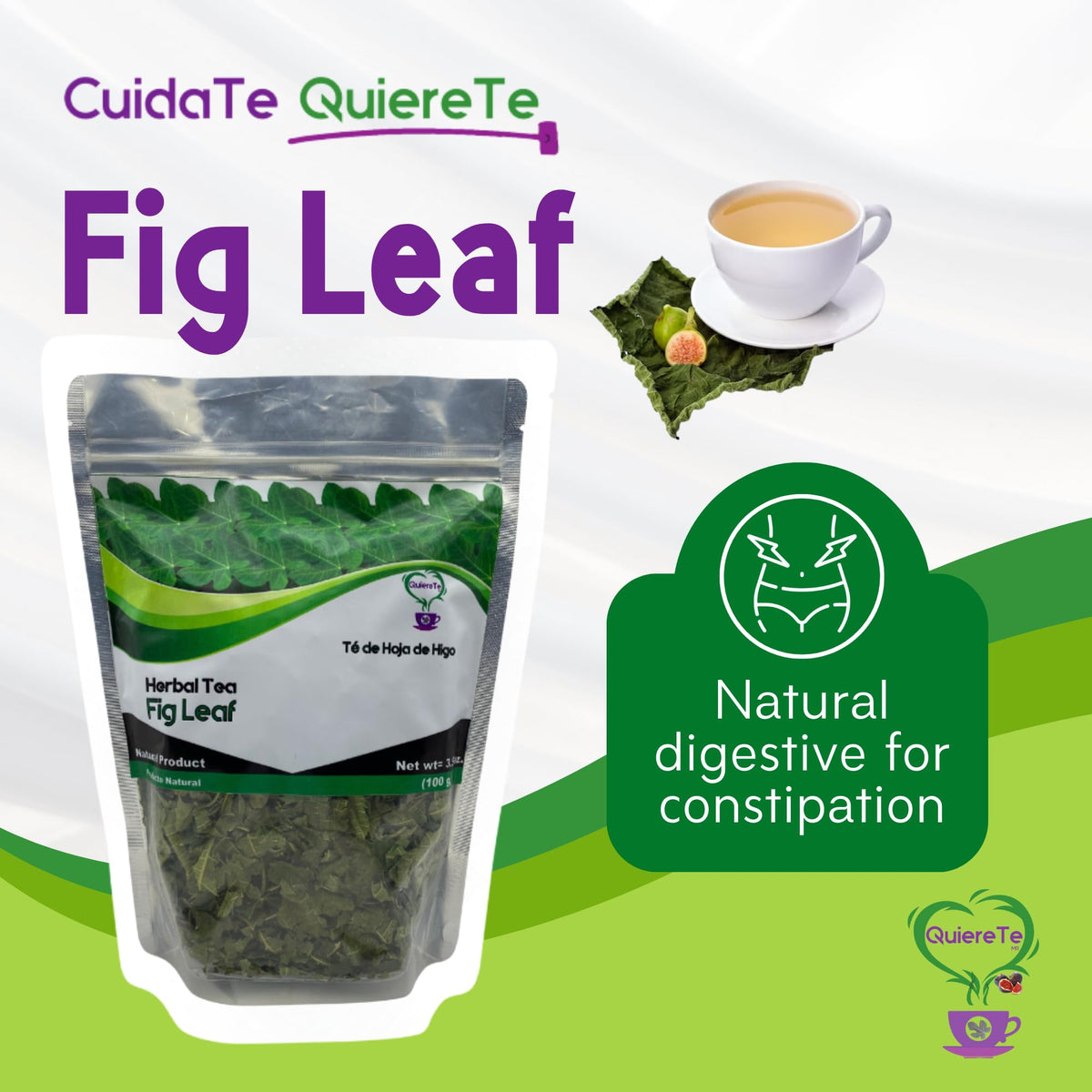 Fig Leaf Tea, Hoja de Higo, Quiere Te, 3.5 oz (100 grams), 1 Pack, Up to 66 Cups, Crushed Fig Leaf Tea, Loose Leaves, 100% Natural, Resealable Bag, Product From Mexico, Herbal Tea, Fig Infusion