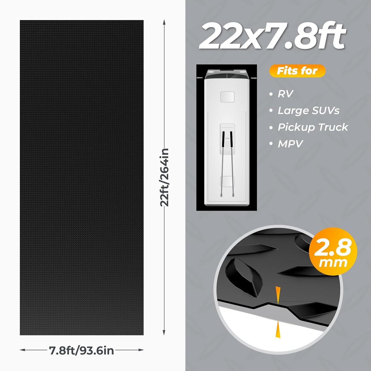 7.8 x 22 FT Garage Floor Mat, 2.8mm Thickness Diamond Plate Vinyl Garage Flooring Roll for Under Car, Large Size 172 SQFT for Large SUVs, MPV, Pickup Truck, RV, Black