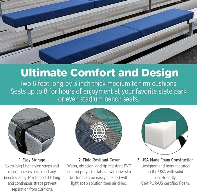 North American Mattress 8' Outdoor Picnic Bench Seat Cushion - 2 Piece Set; 96" (8ft) x 10" x 3"; Gray - Folding & Easy to Carry