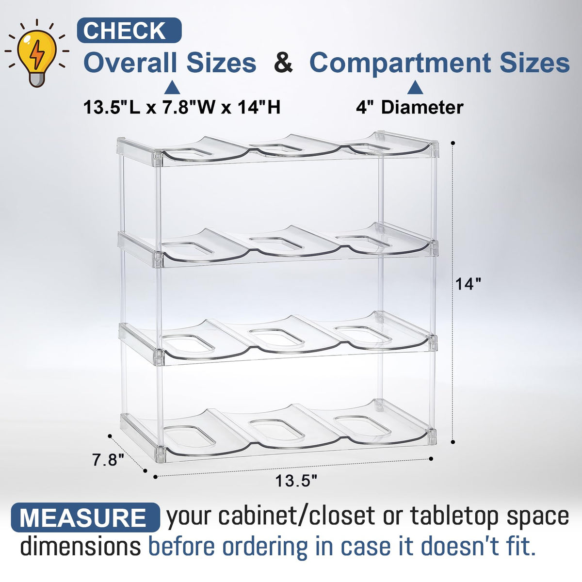 LARGER Compartment - Stackable Water Bottle Organizer Holder - for Stanley & Others' Large Tumbler - Clear Wine Rack, Cup Bottle Holder for Cabinet Home Countertop Fridge Pantry Shelf, 4 Tier Hold 12