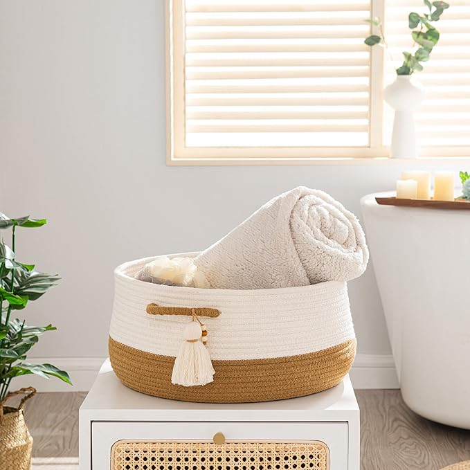 KAKAMAY Woven Baskets for Storage(16"x8"),Blanket Basket for Organizing Living Room,Cotton Rope Basket Woven Baby Laundry Hamper,Collapsible Laundry Room Organization,Clothes,Toy Chest(Brown)