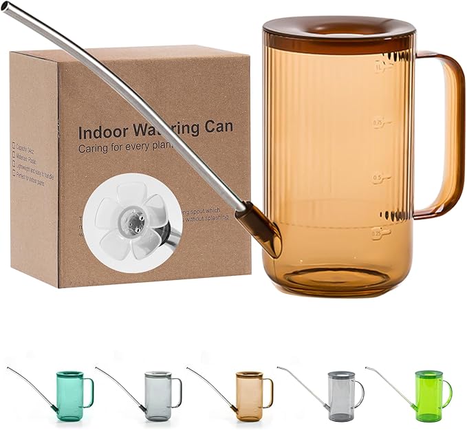 Tennedriv Green Long Spout Watering Can Indoor, Small Watering Cans for House Plants, Flowers, Succulents (Brown)