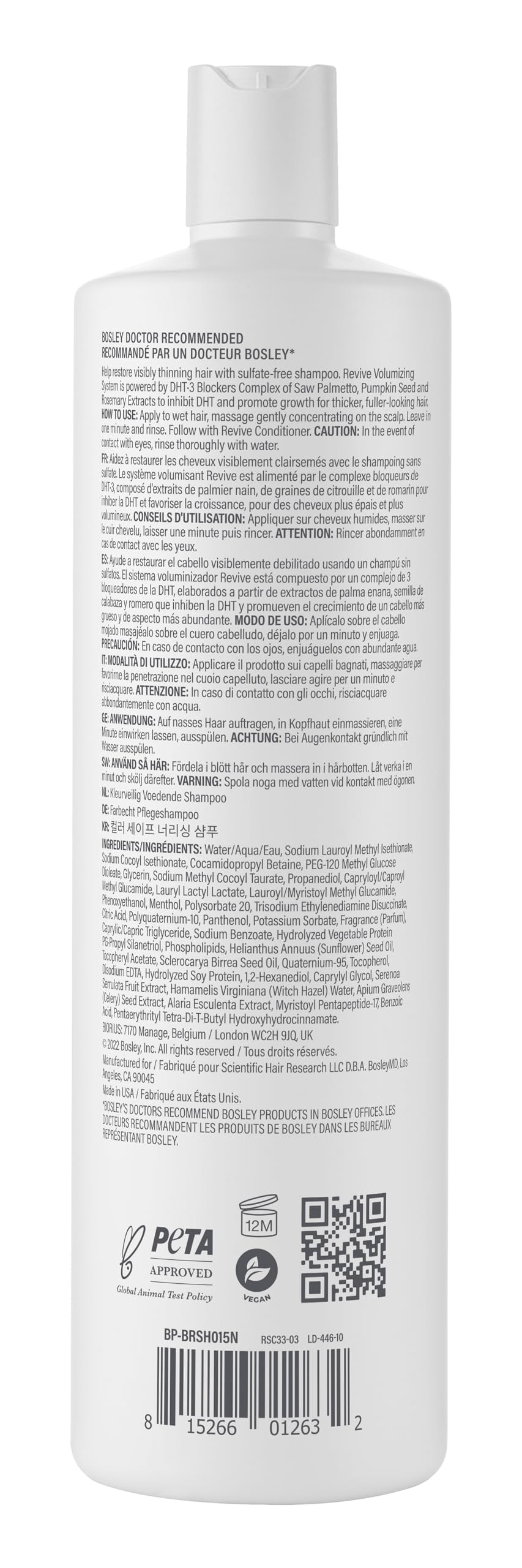 BosleyMD BosRevive Nourishing Shampoo for Thinning Hair (Color Safe) – DHT Blocker, Sulfate-Free, Vegan Formula with Biotin, Saw Palmetto & Rosemary – Strengthens & Volumizes – 33.8 Fl Oz
