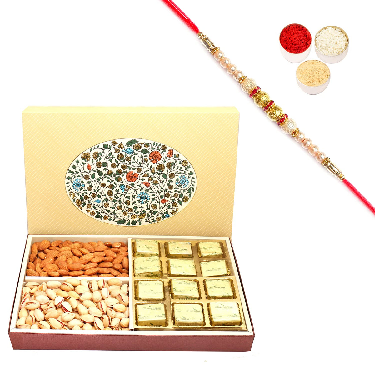 Ghasitaram Gifts Rakhi Gifts for Brothers Rakhi Chocolate Eco 4 Part Print 12 Pcs Chocolates,Almonds and Pistachios Hamper Box with Pearl Rakhi
