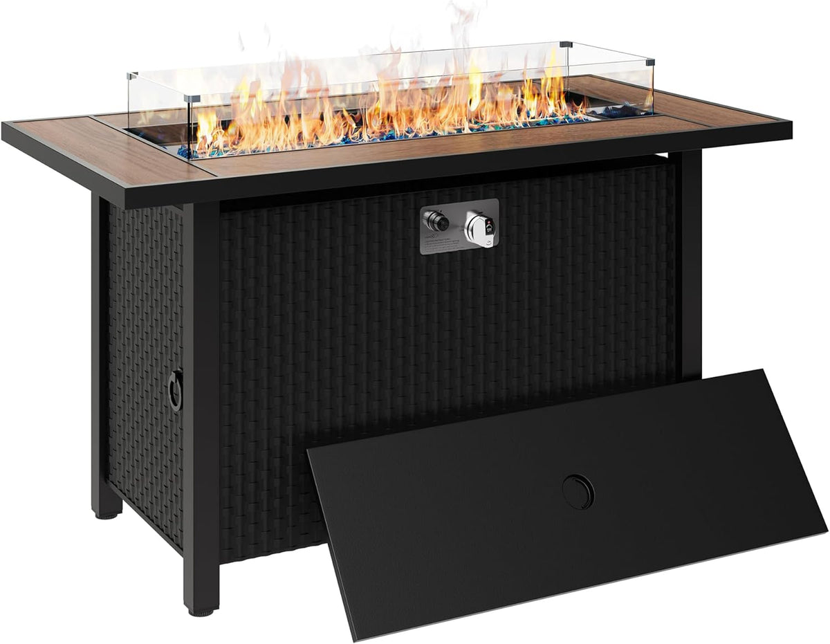 45 inch Outdoor Propane Fire Pit 50,000 BTU Gas Fire Pit Table with Walnut Tabletop, Glass Wind Guard, Waterproof Cover, Rectangle Gas Firepit Table for Garden/Patio,CSA Certification