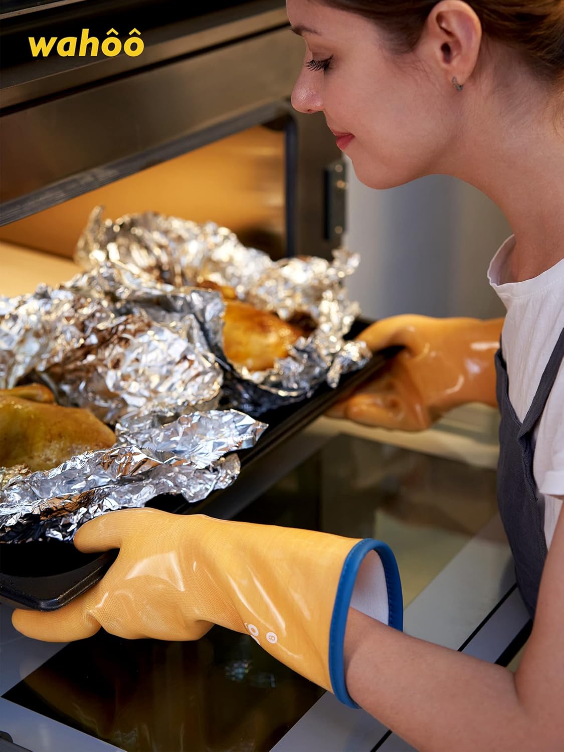 LANON Protection Wahoo Liquid Silicone Smoker Oven Gloves, Food-Contact Grade, Heat Resistant Gloves for Cooking, Grilling, Baking, Yellow, L/9