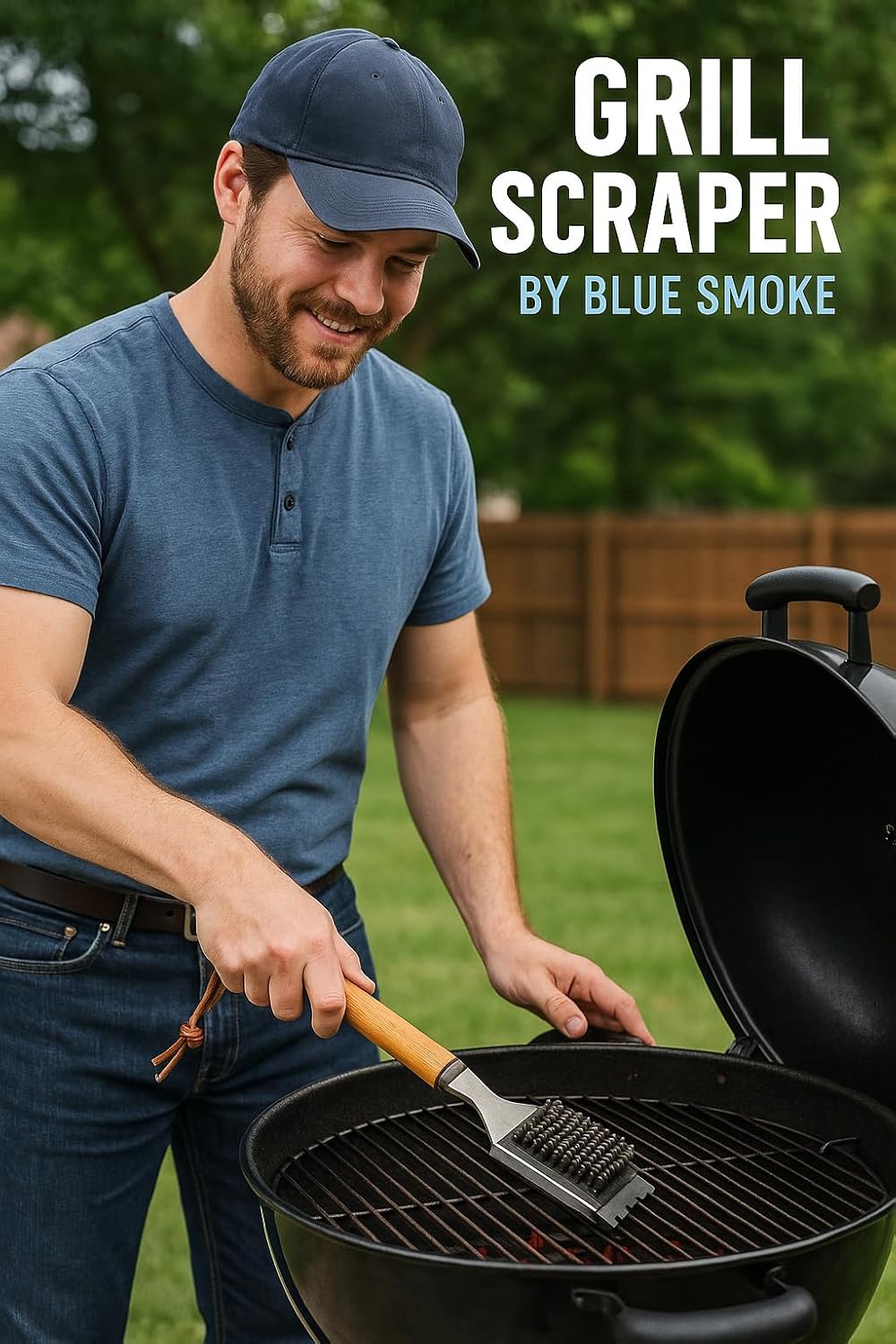 Blue Smoke Grill Brush and Scraper – Heavy Duty BBQ Cleaner with Stainless Steel Bristles, Solid Wooden Handle & Leather Strap – Barbecue Cleaning Tool for Gas, Charcoal, Smoker & Grill Grates