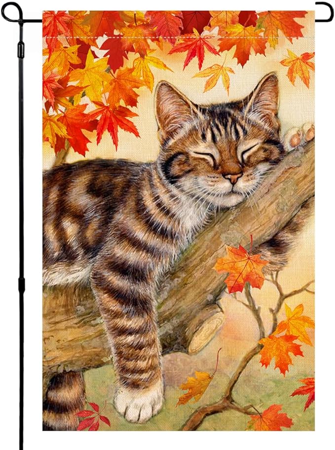 BLKWHT Fall Cat Garden Flag 12x18 Vertical Double Sided Autumn Leaves Thanksgiving Holiday Outside Decorations Burlap Yard Flag BW699
