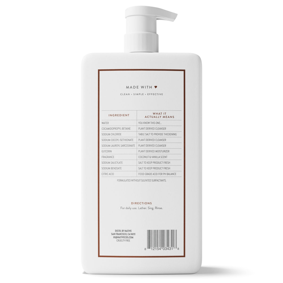 Native Clean Body Wash, Gentle & pH-balanced for Sensitive Skin, 24-Hr Freshness for Women & Men, Vegan & Cruelty-Free, Free of Sulfates, Parabens & Phthalates, Coconut & Vanilla, 36 oz