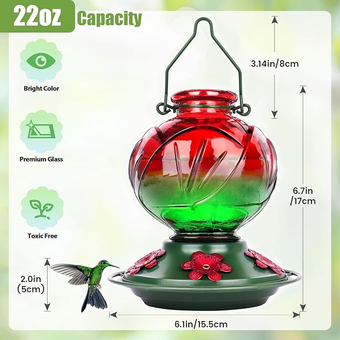 BOLITE Hummingbird Feeder, Glass Hummingbird Feeders for Outdoors Hanging, 22 Ounce, Five Feeding Ports with Perch, Peony Flower Shape, Red and Green, Gifts for Women Men, Gifts for Mom Dad