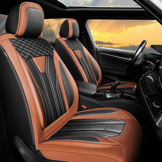 Fit Juke Car Seat Covers Compatible with Nissan Juke 2012-2015 2016 - Full Set Premium Leather， Waterproof Breathable， All-Weather Seat Cushion Protecto&Airbag Compatible（Brown & Black