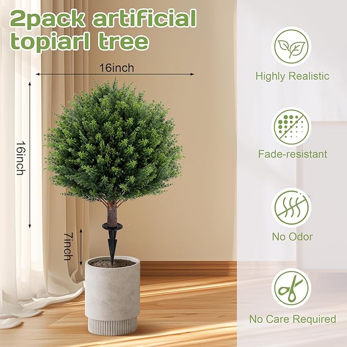 Artificial Cedar Topiary Ball Tree 23" with Ground Spike, Set of 2 Artificial Boxwood Bushes for Faux Shrubs, Fake Evergreen Faux Plant for Indoor Outdoor Porch Garden- UV Resistant – Fade-Proof