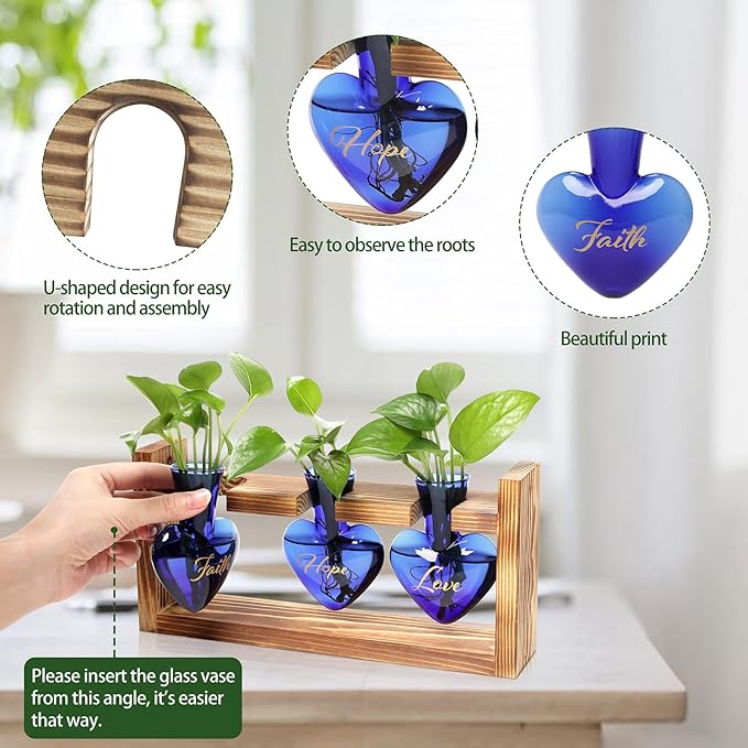 Plant Terrarium Propagation Stations Faith Hope Love Hydroponics Home Garden Decoration Gift for Women with Wooden Stand Heart Shaped Colored Glass Vase