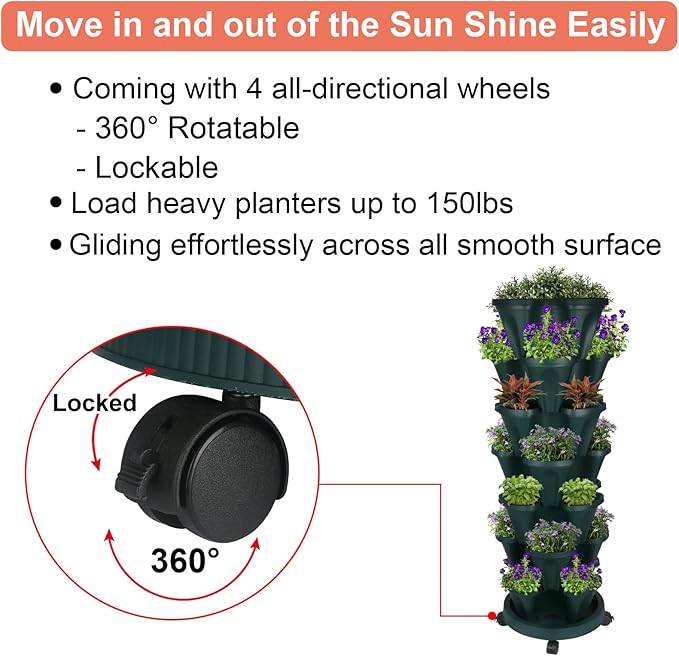 Vertical Planter 7 Tier Stackable Planters Garden Planters Strawberry Herb Flower and Vegetable Planter Indoor Outdoor Gardening Pots with Removable Wheels and Tools 2-Pack