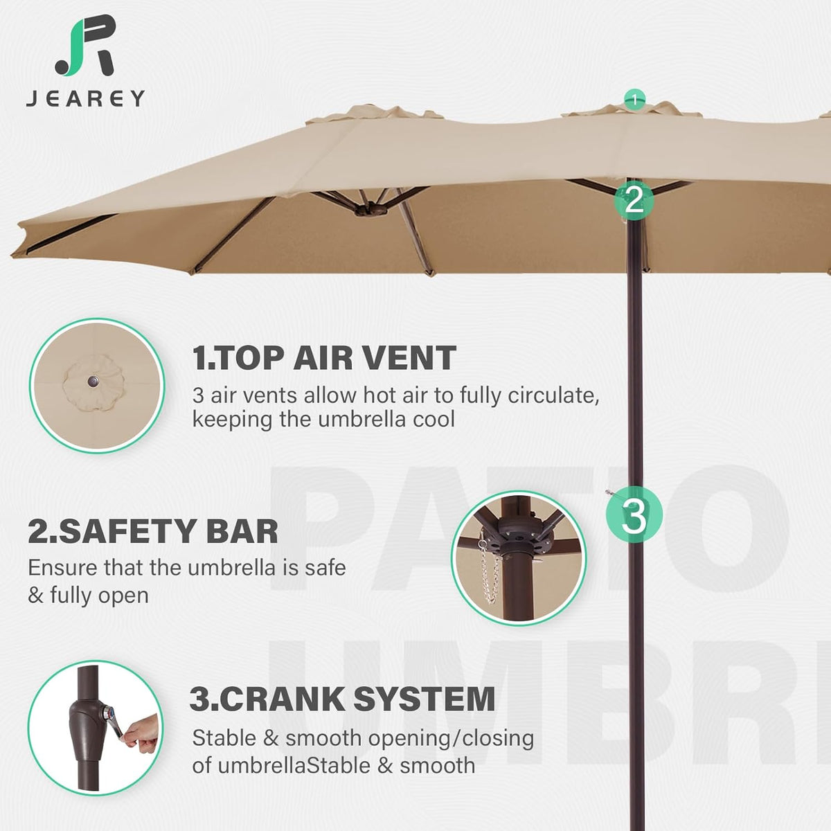 JEAREY 15FT Patio Umbrella Large Outdoor Umbrella Extra Double-Sided Market Umbrella with Crank Handle for Garden, Deck, Backyard and Pool, Beige