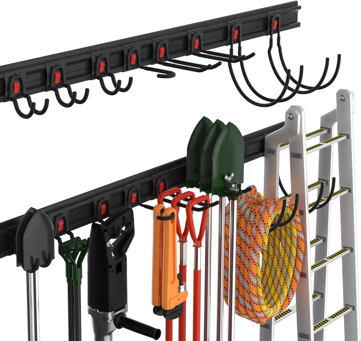 WORKPRO Garage Tool Organizer Wall Mount, Garage Organization Garden Tool Rack Holder System, 64-Inch 4 Rails with 8 Heavy Duty Adjustable Hooks for Hanging and Storage