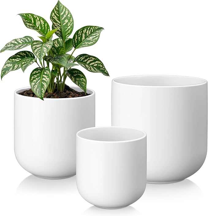 vancasso 6+8+10 inches Ceramic Plant Pots, Set of 3, Planters with Drainage Hole, Flower Pots Planters Pots for Indoor Plants, Modern Indoor Decorative Garden Pot, Home Decor, White
