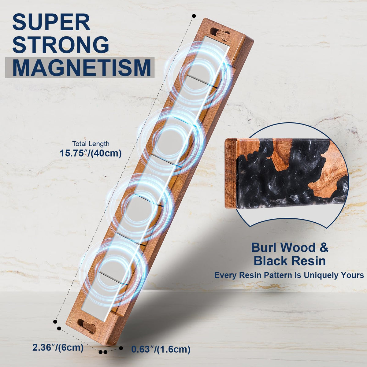 Magnetic Knife Holder for Wall, 16 Inch Burl Wood & Black Resin Strip