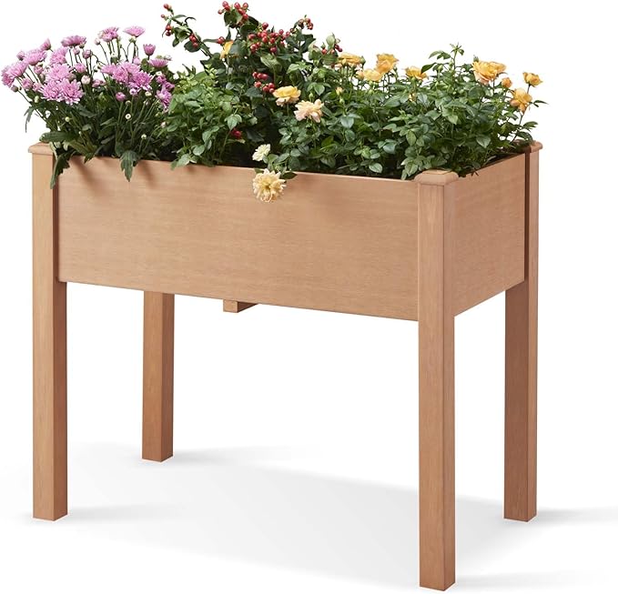 Psilvam Raised Garden Bed with Legs, Poly Lumber Raised Planter Box, Outdoor Elevated Garden Bed Suit for Backyard, Patio, Balcony 34" D x 18" W x 30" H（Teak Color）