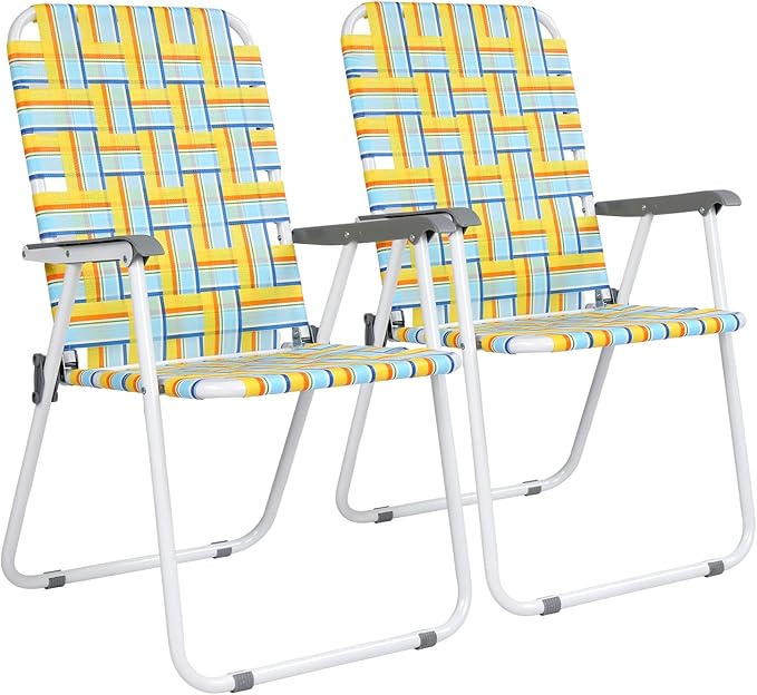 VINGLI Patio Lawn Webbed Folding Chairs Set of 2, Outdoor Beach Chair Portable Dining Chair for Outdoor Yard, Garden (Yellow, Classic)