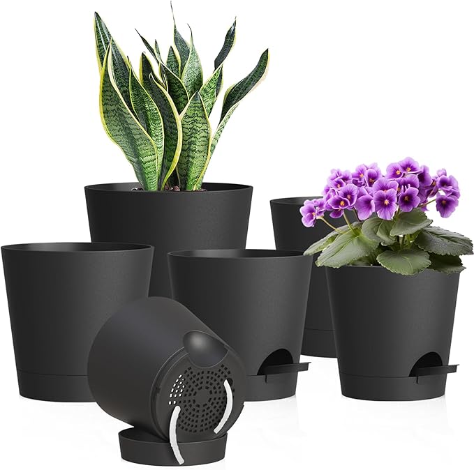 7/6.5/6/5.5/5/4 inch Self Watering Pots for Indoor Outdoor Plants, 6 Pack Plastic Flower Planters with Drainage Holes and Removable Saucers, Plant Pots with Wicking Rope, Modern Decor, Black