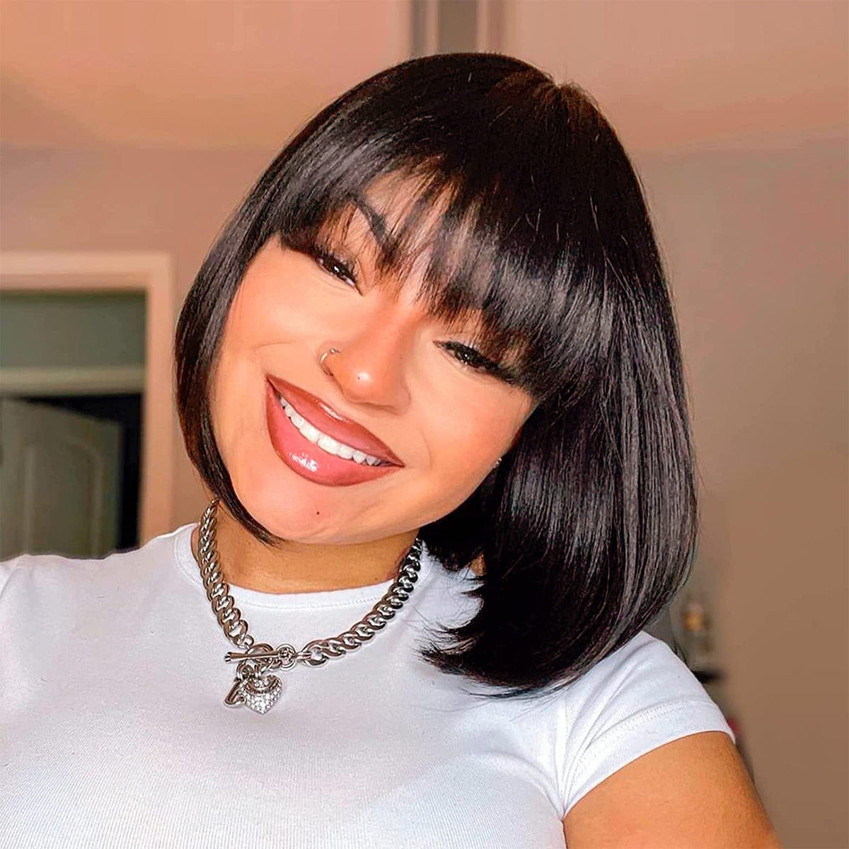 Toyotress Blunt Cut Bob Wigs With Bangs - 14 Inch Shoulder Length Light Yaki Straight Hair Daily Costume Wig For Black Women, So