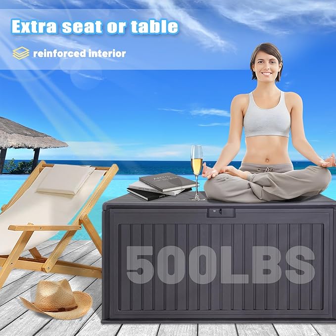 100 Gallon Waterproof Outdoor Storage Box, Outside Resin Deck Box for Patio Cushions, Garden Tools and Sports Pools Equipment