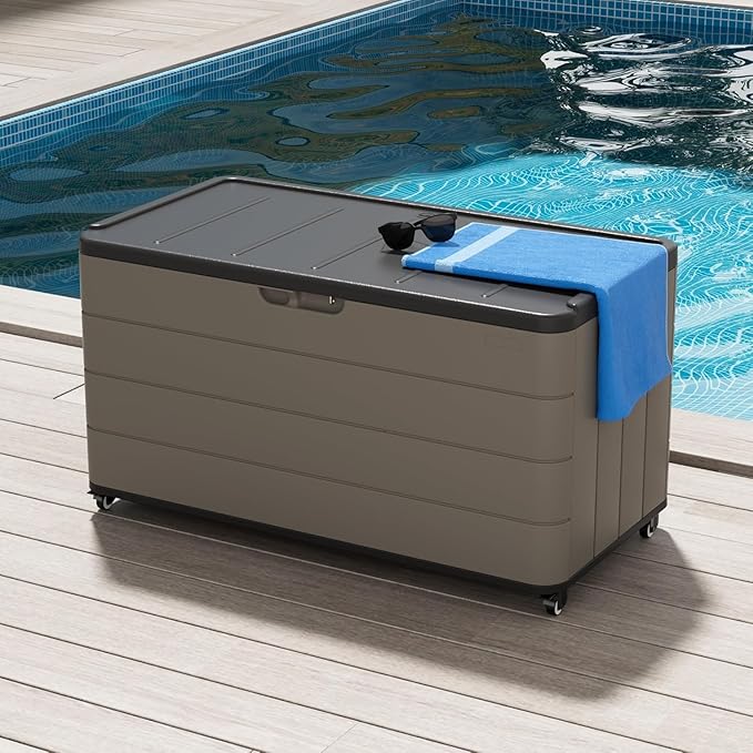 100GAL Brown Wicker-Textured Deck Box with Wheels – Lockable, Waterproof, UV-Resistant, Spacious Storage for Patio & Garden Supplies, Easy Handling