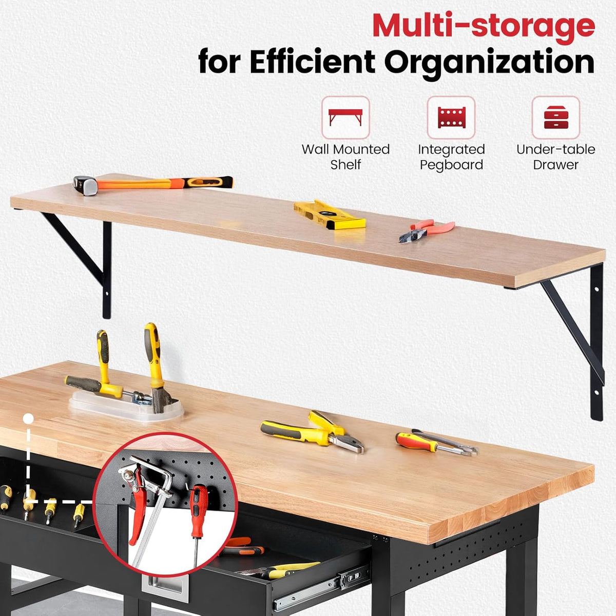 Work Bench for Garage with Shelf Bracket 60 x 22 Inch Heavy Duty Rubberwood Tabletop Work Table Adjustable Height Workbench with Drawer, Power Outlets for Woodworking Shop, Home, Office