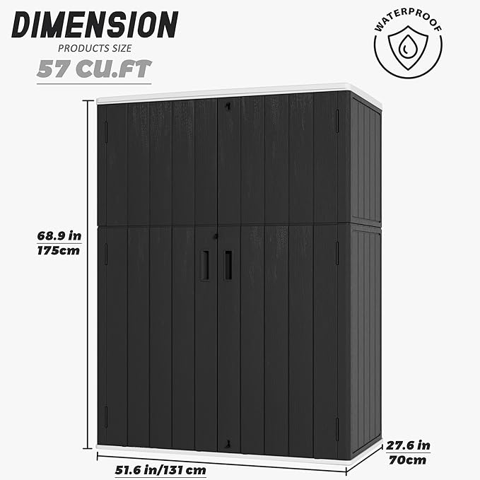 Vertical Outdoor Storage Cabinets,Plastic Sheds&Outdoor Storage with Floor,Outdoor Storage Box Waterproof/Lockable for Garage,Bike,Tools Storage Shed (57Cu.ft)